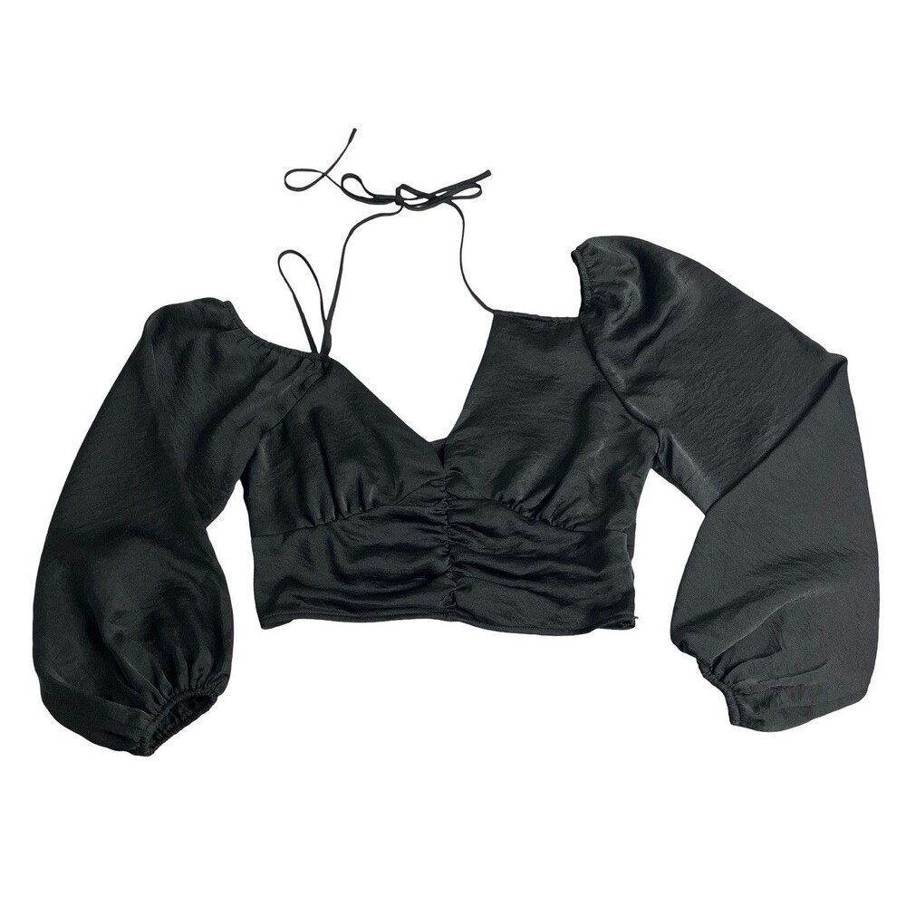 Topshop Cropped Babydoll Top‎ Womens 8 Black Strappy Blouson Sleeve Asymmetric